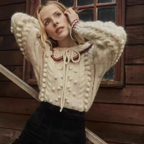 DOEN Rare Valentina Alpaca Peter Pan Collar Pom Pom Pullover Sweater Size XL - Picture 1 of 16